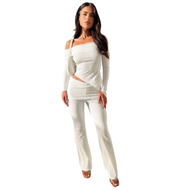 GL6706 Women's Fashion Small Ribbed Irregular Off-Shoulder Lapel Waist Flared Pants Two-Piece Set_ecoleips.com