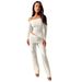 GL6706 Women's Fashion Small Ribbed Irregular Off-Shoulder Lapel Waist Flared Pants Two-Piece Set_ecoleips.com