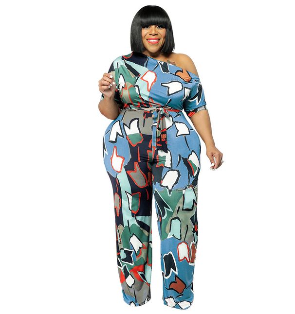 Plus Size Off-Shoulder Floral Print Jumpsuit With Belt, Wide Leg Knit Romper, Five-Sevenths Sleeve Comfortable One-Piece Outfit For Women_ecoleips.com
