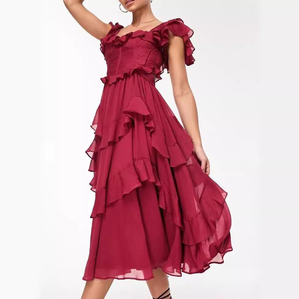 Women's Clothing Lace Backless Hollow Cake Skirt Ruffled Long Skirt_ecoleips.com