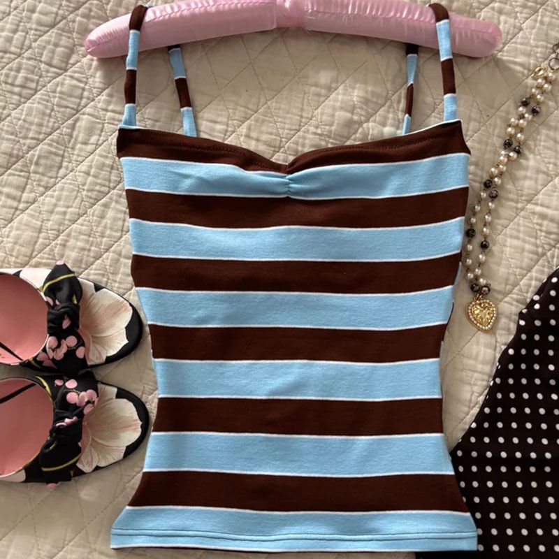 Fashion Classic Casual Camisole Y2K American Contrast Stripe Summer Slim Vest Fashion Kawaii Sexy Spice Girl Aesthetics Pullover_ecoleips.com