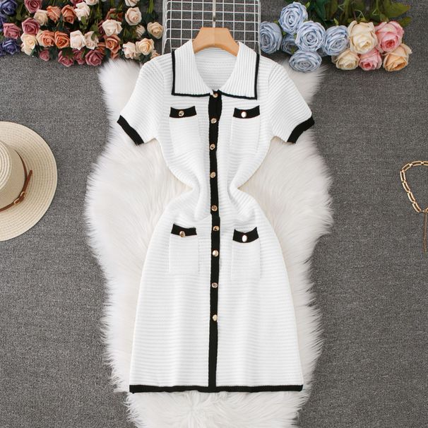 Women's Clothing Knitted Dress Pocket Polo Collar Single Breasted Short Skirt_ecoleips.com