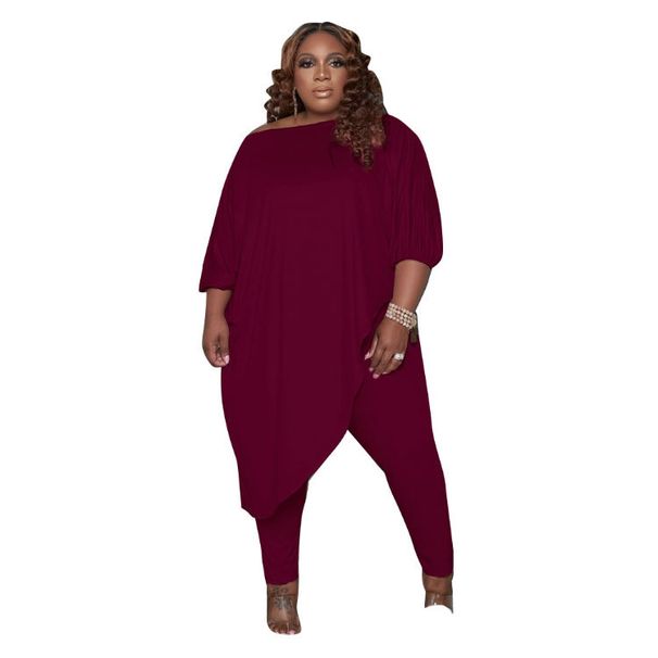Plus-Size Women's Casual Pants Set - Stylish Two-Piece Outfit With Batwing Sleeves, Stretchy Polyester-Spandex Blend For Comfort & Confidence_ecoleips.com