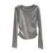 Women's Long Sleeve T-Shirt Spring Autumn Solid Color Round Neck Pullover Waist Pleated Top_ecoleips.com