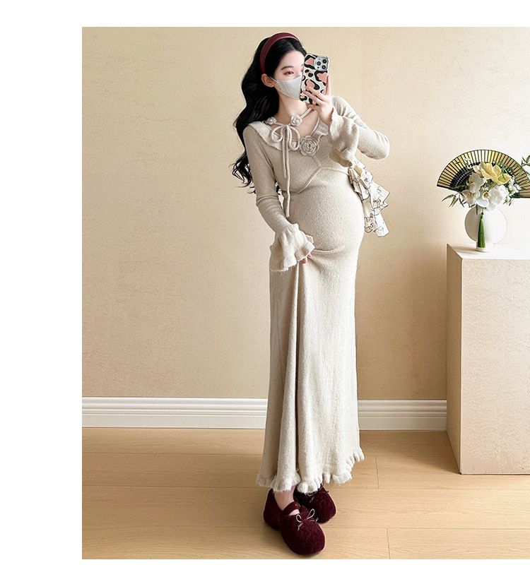 Autumn New Korean Fashion Stretch Floral Knitted Maternity Dress_ecoleips.com
