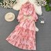 Women's Clothing light mature style, lantern long sleeves, bowknot, loose printed chiffon shirt, two-piece suit, high waist skirt_ecoleips.com