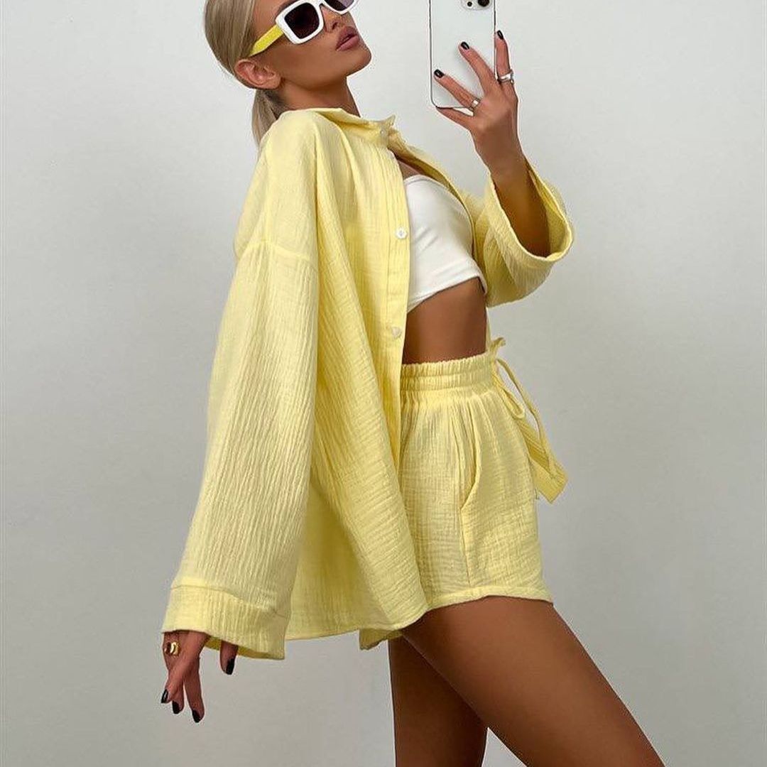 Women's Clothing New Long Sleeved Commuter Shirt Shorts Suit For Women_ecoleips.com