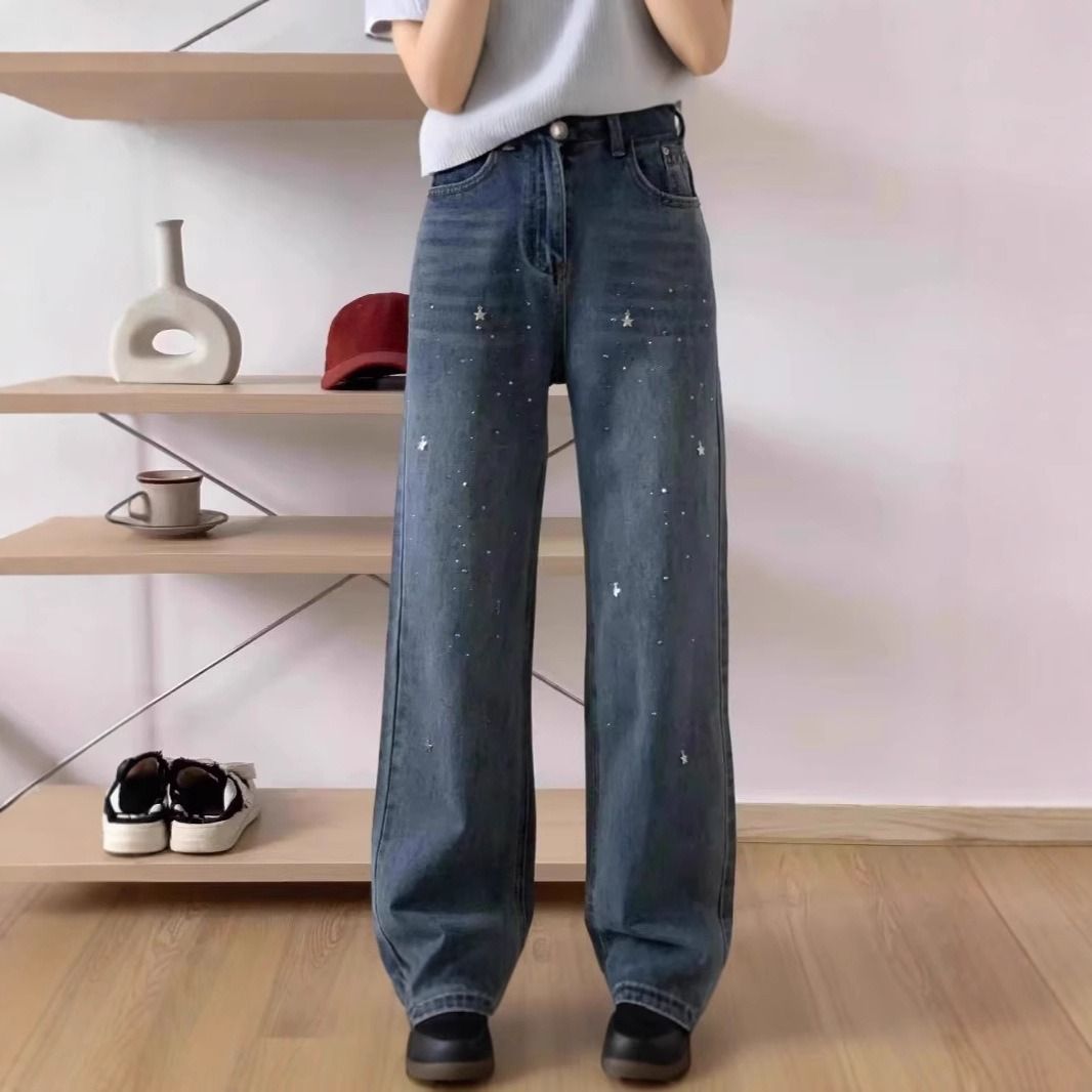 Sparkling Galaxy Blue Flared Jeans For Women - Glitter Narrow Wide Leg Trousers With High Waist & Rhinestone Details_ecoleips.com