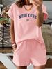 Summer New Pink New York NU Pattern T-shirt, Casual Printed Round Neck Short Sleeved Top With Elastic Waist Pocket, Women's Two-piece Set-281_ecoleips.com