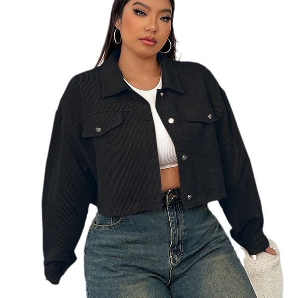 Women's Plus Size Solid Color Polo Collar Coat Slimming Loose Fit Short European American Style Autumn Winter Outerwear_ecoleips.com