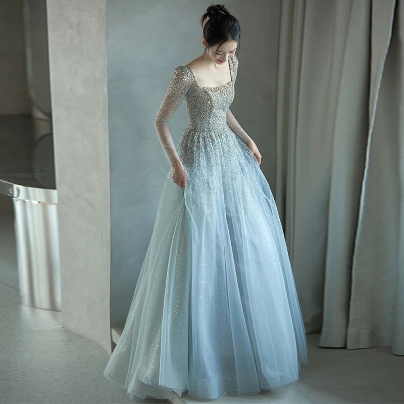 Elegant Banquet Evening Gown Long Sleeved French Style Tulle Blue Super Fairy Style Women's Party Wear For Annual Meeting Host Performance_ecoleips.com