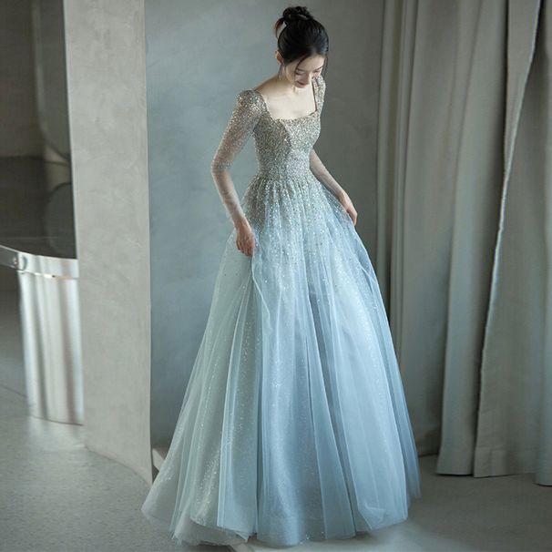 Elegant Banquet Evening Gown Long Sleeved French Style Tulle Blue Super Fairy Style Women's Party Wear For Annual Meeting Host Performance_ecoleips.com