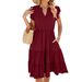 Women's Clothing Solid Color V Neck Loose Short Sleeved Waist Stitching Dress_ecoleips.com