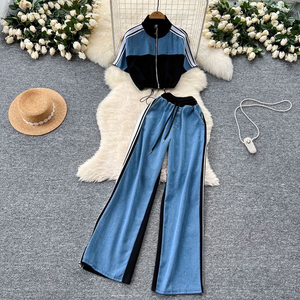 Women's Clothing Fashion Suit For Women Drawstring Waist Short Contrast Color Stand Collar High Waist Denim Wide Leg Pants_ecoleips.com