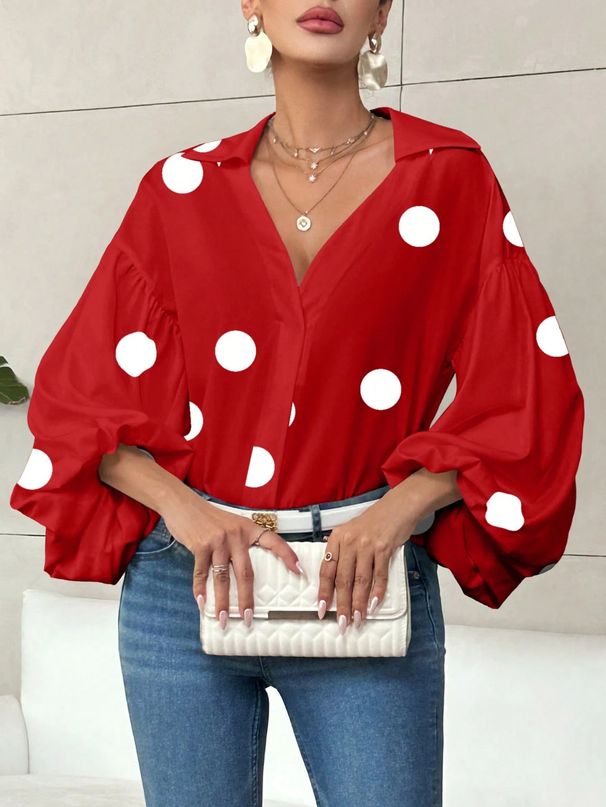 Women's Chic French Polka Dot Top Half Open Collar Loose Fit Long Sleeve Niche Style Fashion_ecoleips.com