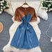 Women's Clothing Fashion Design Two Piece Dress Summer Short Sleeved Patchwork Waist Zipper Denim Mid Length Skirt_ecoleips.com