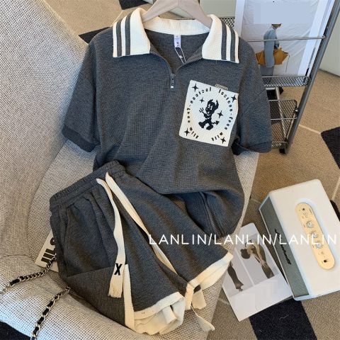 Women's Clothing Waffle Polo Collar Fashion Sports Suit All Match Wide Leg Shorts Short Sleeved Two Piece Suit_ecoleips.com