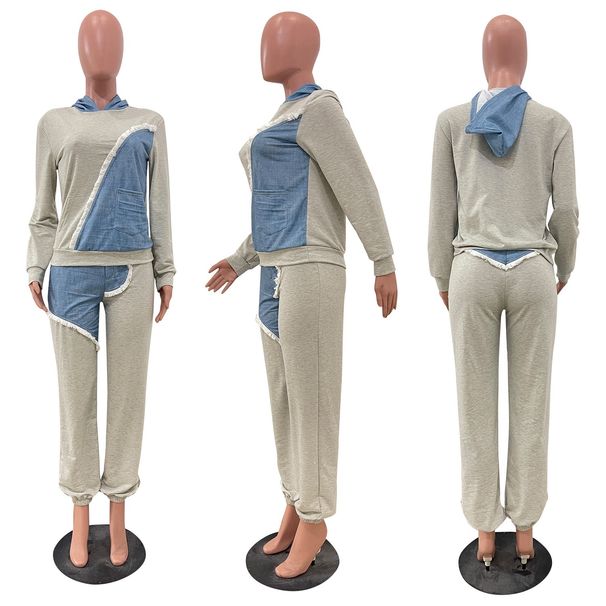 Women's Clothing Stylish And Slim, Denim Splicing, Contrasting Colors, Casual Straight Pants, Popular Two Piece Suits_ecoleips.com