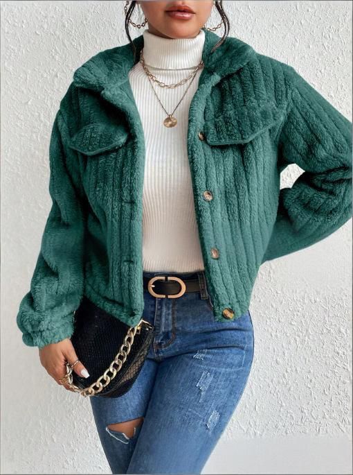 Women's Clothing Fleece Lined Jacket – Winter Plush Coat With Polo Collar, Thickened Warm Short Outerwear_ecoleips.com