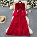 Women's French Retro Style 3D Floral Lantern Sleeve Dress Slimming Elegant Long Pleated Waist Cinching New 2025_ecoleips.com