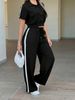 Women's Spring/Summer Suit Set with Open Front Short Sleeve Crop Top And Striped Drawstring Trousers Loose Fitting Pant Ensemble_ecoleips.com