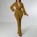 C8559 Cross-Border Women's Clothing 2023 Autumn/Winter New V-Neck Puff Sleeve Waist-Cinching Printed Wide-Leg Plus Size_ecoleips.com