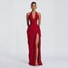 Elegant Style Long Evening Gown Halter Neck Deep V Front Pleated Bodycon Dress With Slit Diagonal Pleats For Women_ecoleips.com