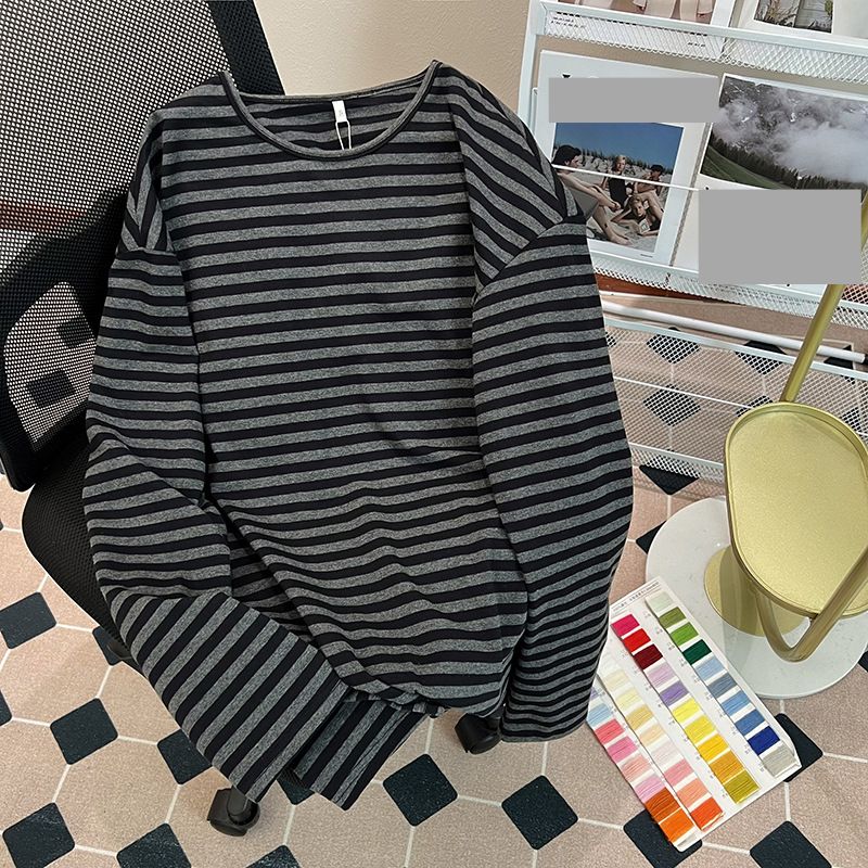 Women's Clothing shirt striped spring and autumn thin long sleeved T shirt women's medium long round neck loose large size women's clothing_ecoleips.com