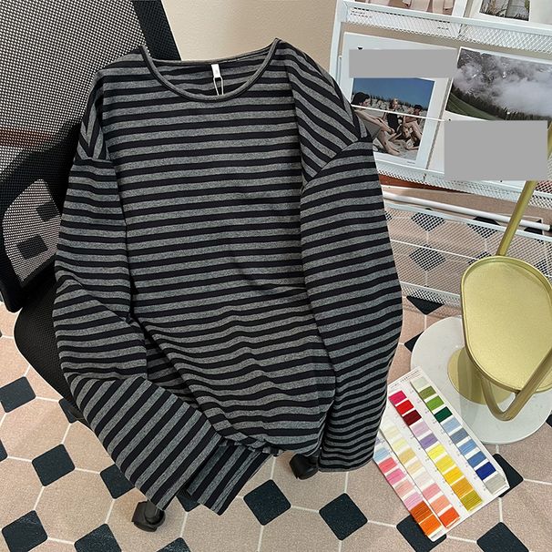 Women's Clothing shirt striped spring and autumn thin long sleeved T shirt women's medium long round neck loose large size women's clothing_ecoleips.com