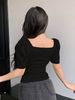 Women's Square Neck Puff Sleeve Shirt Summer Short Knitted Patchwork Top Pure Alluring Hot Style Clothing_ecoleips.com