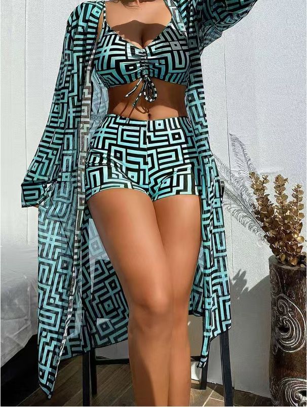 Women's Clothing Split Swimsuit Cover Up Three Piece Set Gathered Beach High Waist Flat Swimming Trunks_ecoleips.com