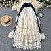 Women's Clothing Spring Gentle Style High Waist Slim Hollow Lace Splicing A Line Mid Length Skirt_ecoleips.com