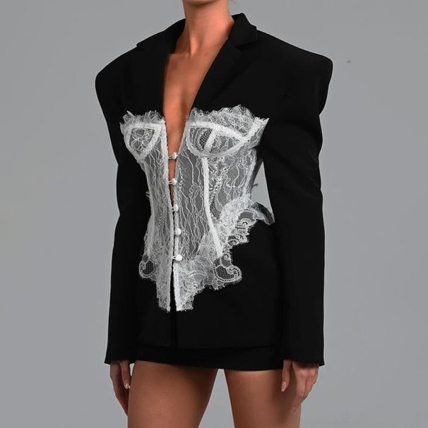 Women's Clothing High Grade Lace Stitching Suit Thin Waisted Fashionable Temperament Lapel Waist Contrast Color Long Sleeved Jacket_ecoleips.com