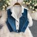 Women's Clothing Fashion Denim Suit In Summer, Niche Contrast Color Suit Collar Sleeveless Vest Top, Two Piece Suit, High Waist Wide Leg Pants_ecoleips.com