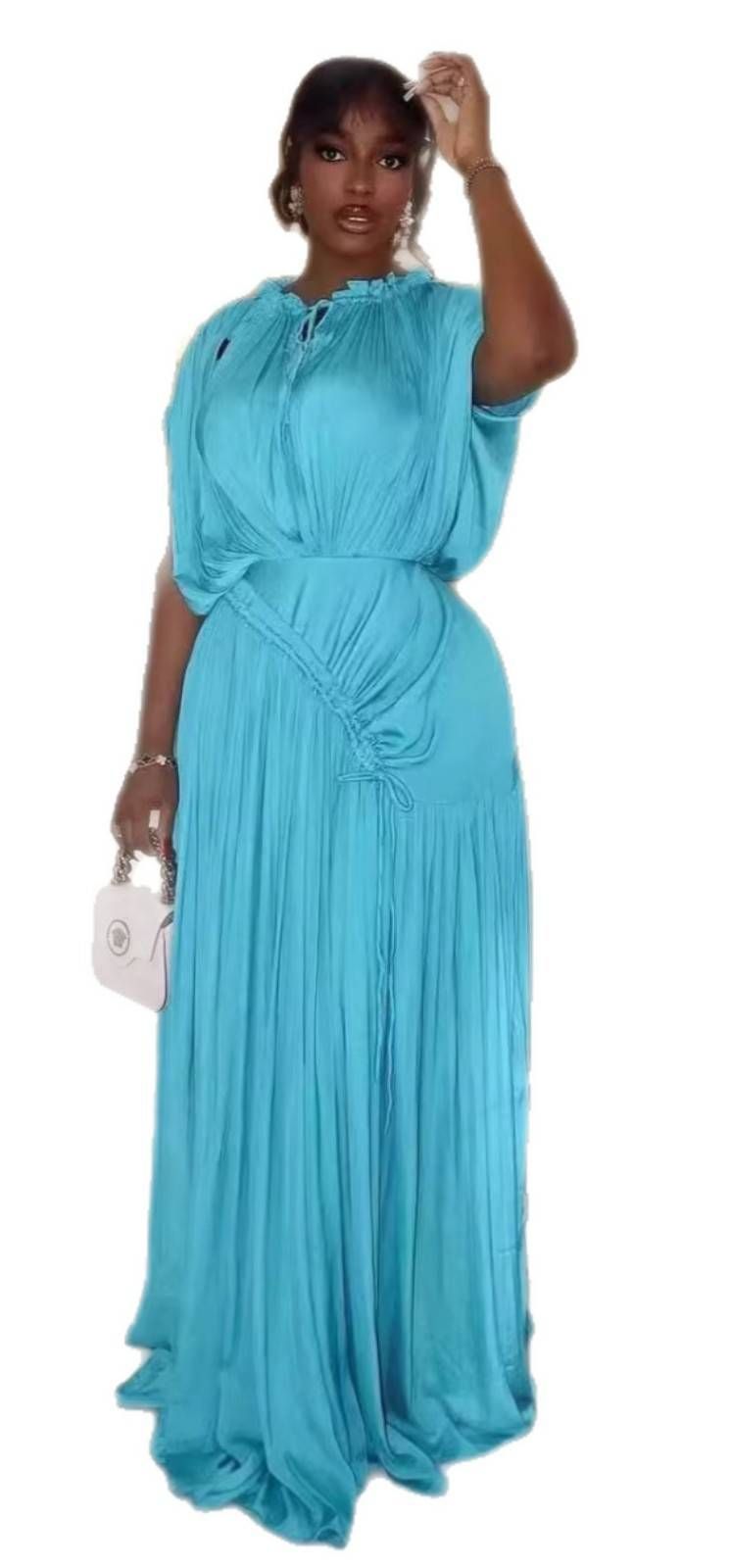Women's Clothing Women's Elegant One-Shoulder Pleated Long Dress Solid Color Slanted Neck Fitted Waist Style Fashion_ecoleips.com