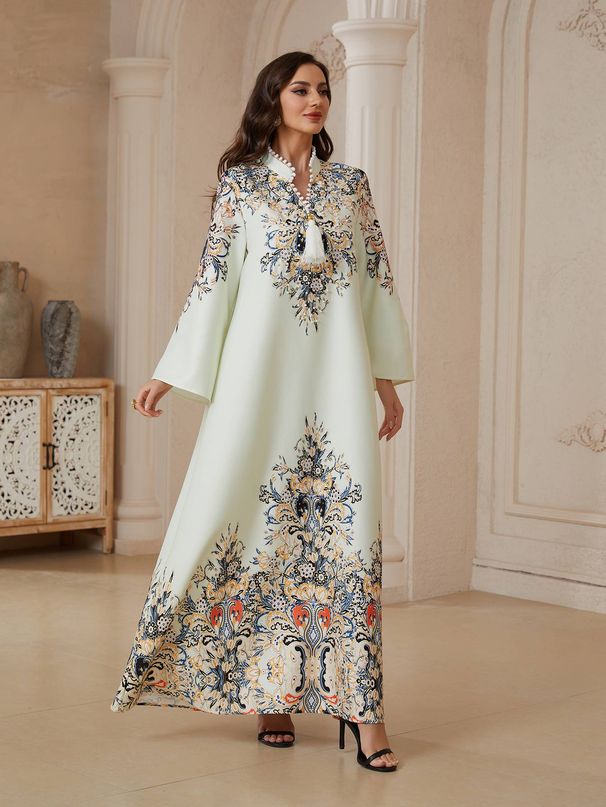 Muslim Chic Print Plus Size New 2026 Fringe Design Rhinestone A-Line Dress, Elegant Long Dress With Unique Patterns And Decorations_ecoleips.com