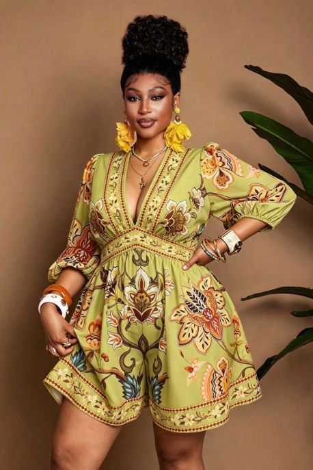 Curvy Ethnic Floral Print Jumpsuit, V Neck Puff 3/4 Sleeve Back Zip Elastic Waist Wide Leg Shorts Summer Beach Party Outfit_ecoleips.com