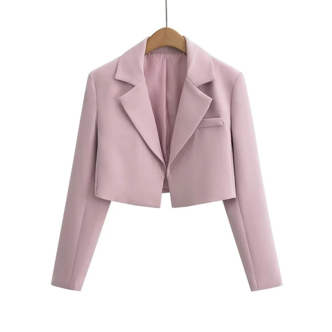 Women’s Chic Cropped Blazer – Structured Shoulder Pad Jacket In Pink/Sky Blue/Charcoal/Black (S-L, Buttonless Design)_ecoleips.com