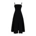 Slit Design Camisole For Women Summer New Hepburn Style Waist-Cinching Slimming Mid-Length Little Black Dress_ecoleips.com