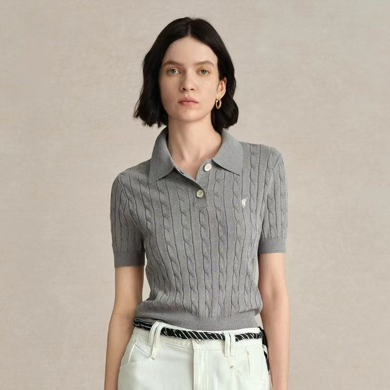 Women's Embroidered Short Sleeve Knit Top - Slim Fit Ribbed Polo Collar Sweater For Spring/Summer_ecoleips.com