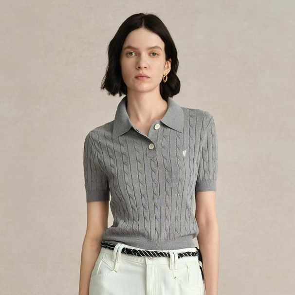 Women's Embroidered Short Sleeve Knit Top - Slim Fit Ribbed Polo Collar Sweater For Spring/Summer_ecoleips.com