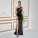 Women's Clothing New Women's One Shoulder Pleated Waist Slit Design Dress Party Party Evening Dress_ecoleips.com