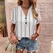 Women's Printed Short Sleeve Shirt With Unique Button Detail, Flowy V-Neck Blouse For Casual Wear Comfortable Relaxed Fit_ecoleips.com