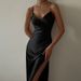 Summer European And American New Fashion Elegant V-neck Slim-fit Sexy Backless Slit Satin Women's Slip Dress_ecoleips.com