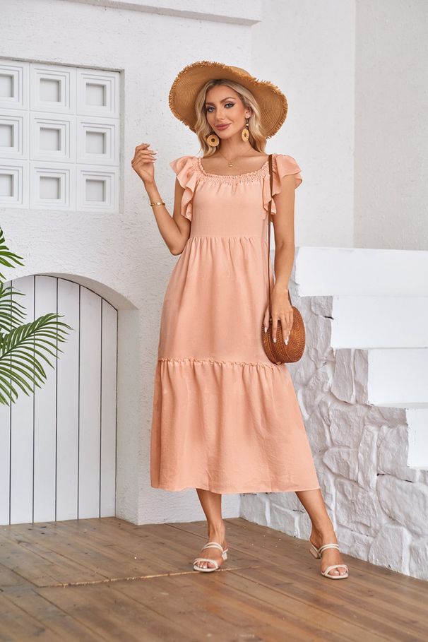 Women's Clothing Flying Sleeve Square Neck Off Shoulder Pleated Hem Dress_ecoleips.com