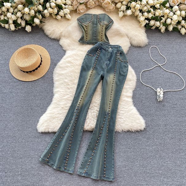 Women's Clothing With Beaded Design Slimming Tube Top High Waisted Micro Flared Trousers_ecoleips.com