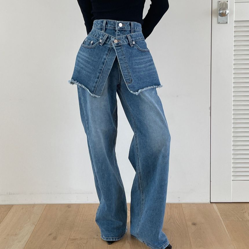 Women’s Clothing South Korea Dongdaemun autumn and winter new retro washed old dark design stitching with waistband jeans_ecoleips.com