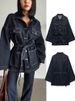 Women's Clothing Retro Indigo Blue Denim Jacket With Waist Cinching Belt Loose Long Sleeve Casual Fashion For Spring_ecoleips.com
