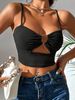 Women Glitter Spaghetti Strap Crop Top Metal O Ring Cutout Hollow Out Ruched Bust Slim Fit Sleeveless Cami Tank Going Out Club Vest_ecoleips.com