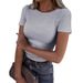 Women's Clothing Fashion Short Sleeve Elastic Round Neck Ribbed Slim Fit T Shirt Tops_ecoleips.com